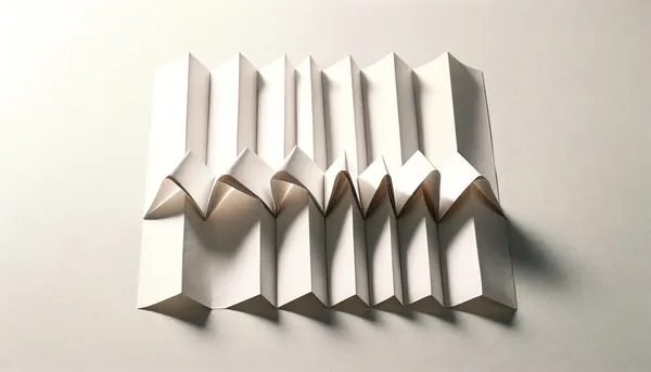 A sheet of white paper folded into eight vertical pleats with a jagged central fold