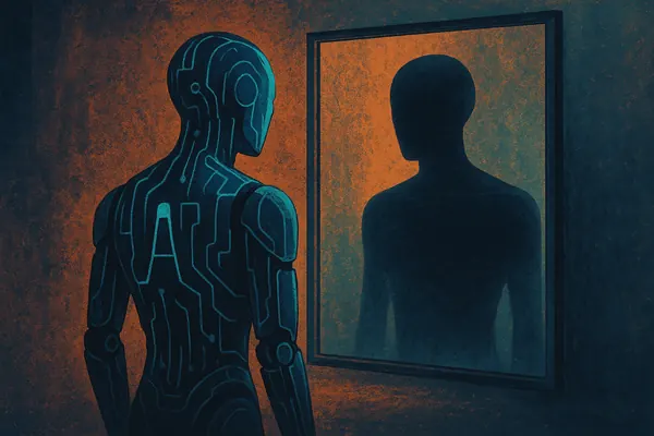 A circuit-patterned humanoid robot looks into a mirror and sees a human silhouette