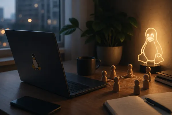 A night-time Linux workspace with a Tux penguin lamp and wooden figures tied together like a network
